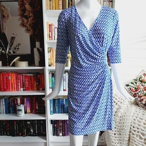 Laundry by Design Petite Blue and White Print Faux Wrap Mini Dress